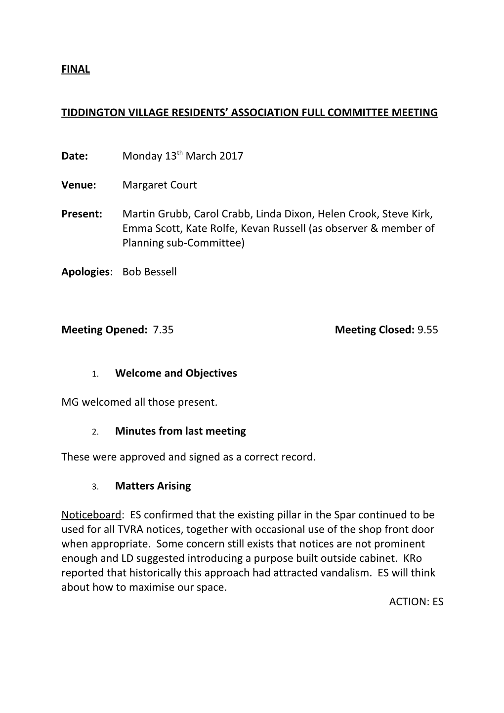 Tiddington Village Residents Association Full Committee Meeting
