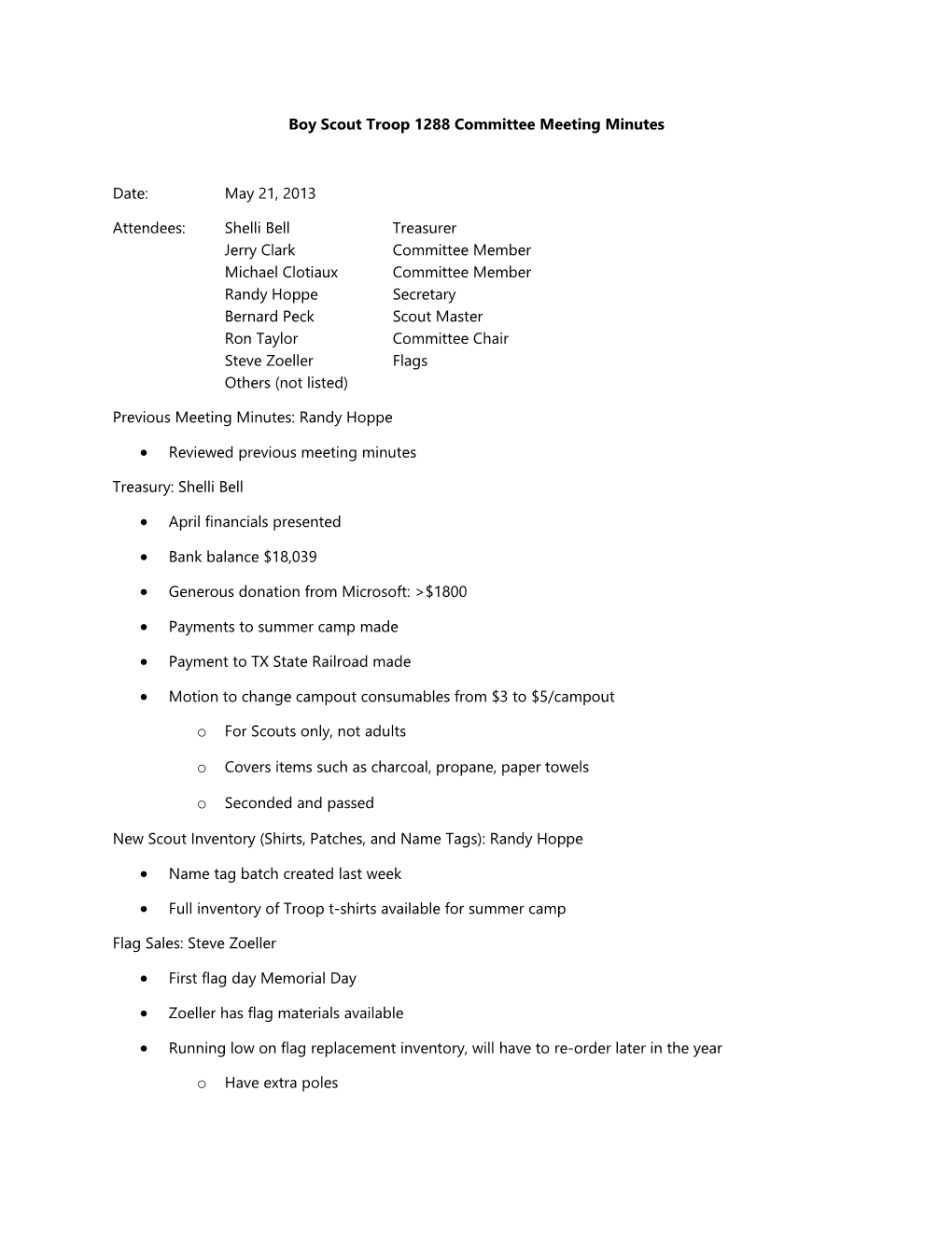 Boy Scout Troop 1288 Committee Meeting Minutes