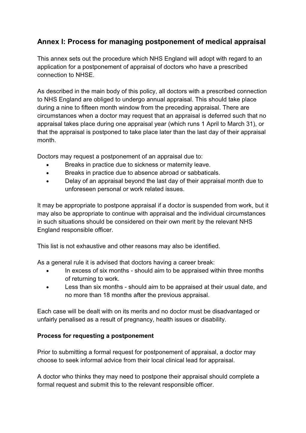 Annex I: Process for Managing Postponement of Medical Appraisal