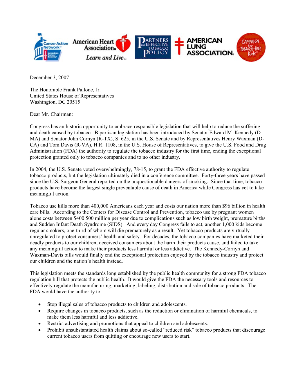 Organizations Supporting the FDA Tobacco Legislation, Page 1 of 9