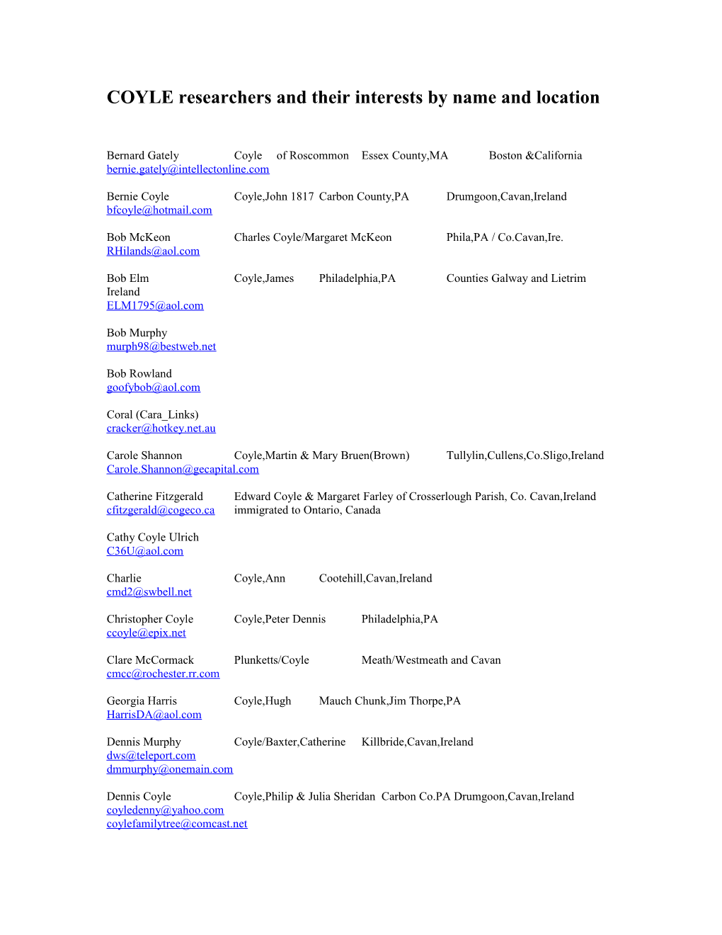 COYLE Researchers and Their Interests by Name and Location