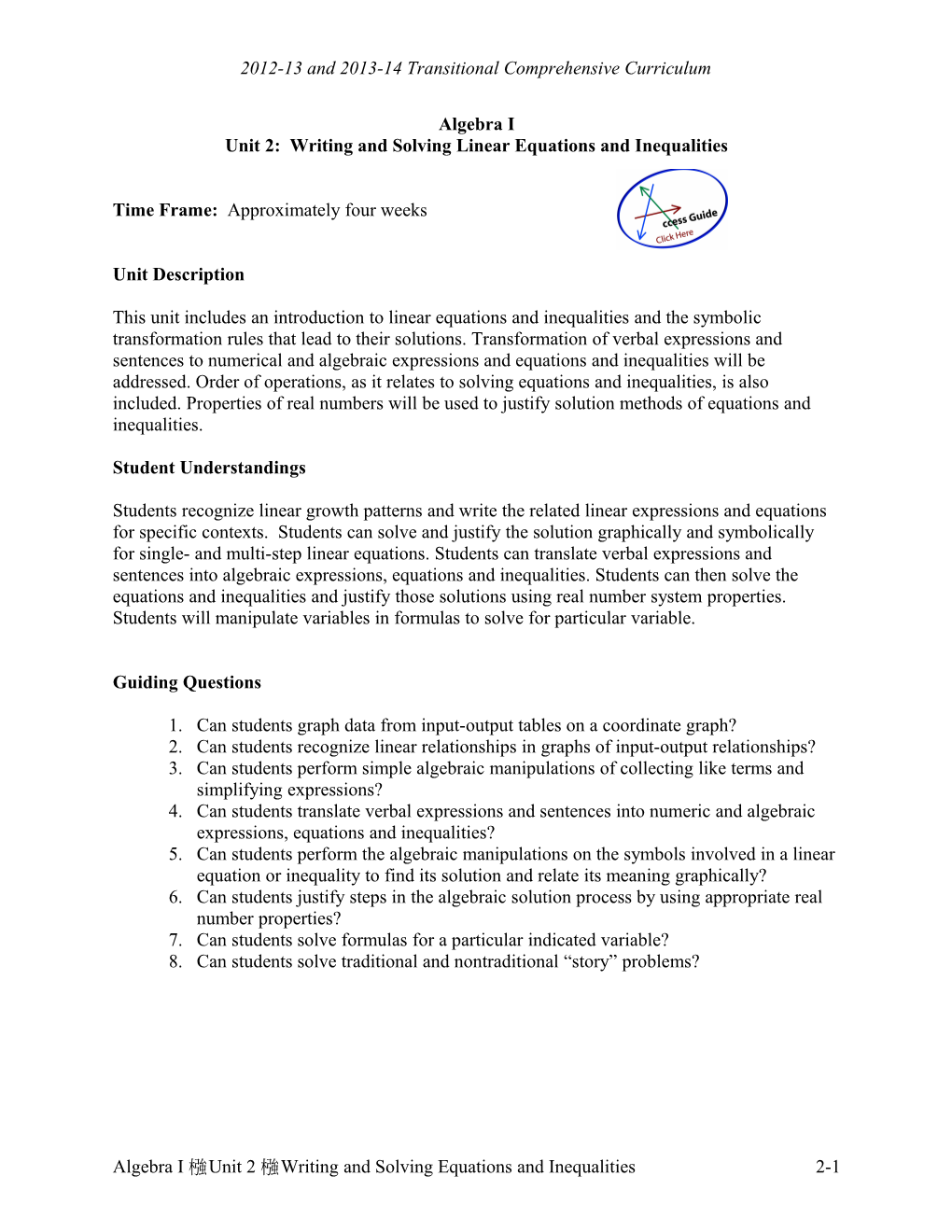 Unit 2: Writing and Solving Linear Equations and Inequalities