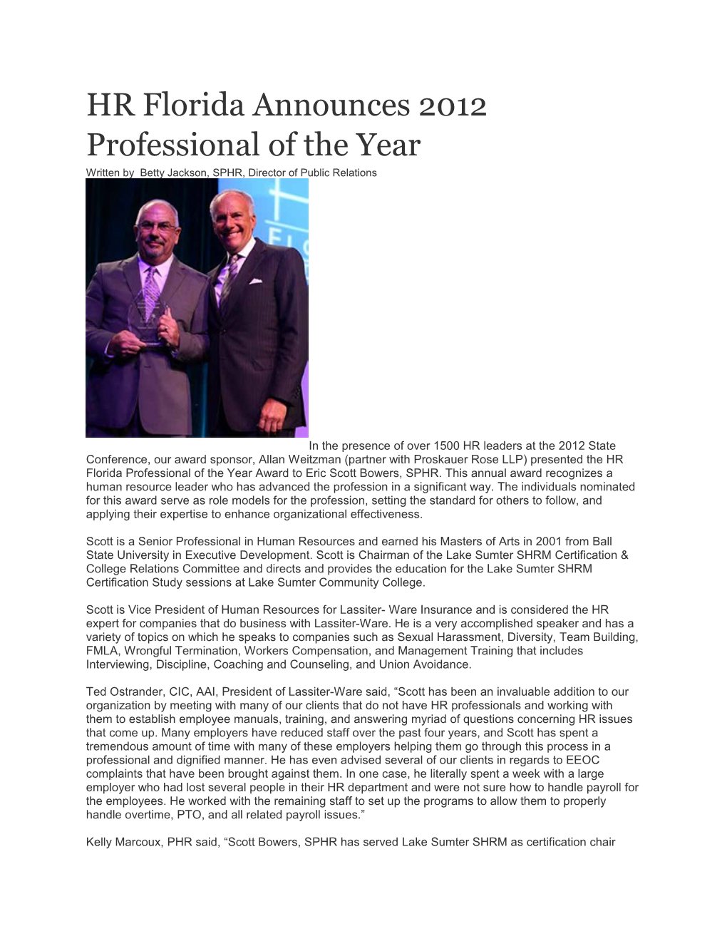 HR Florida Announces 2012 Professional of the Year