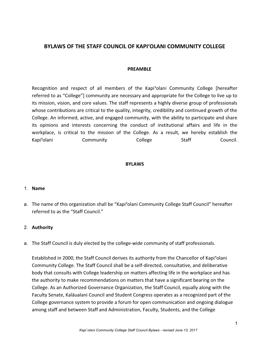 Bylaws of the Staff Council of Kapiʻolani Community Collegepreamble