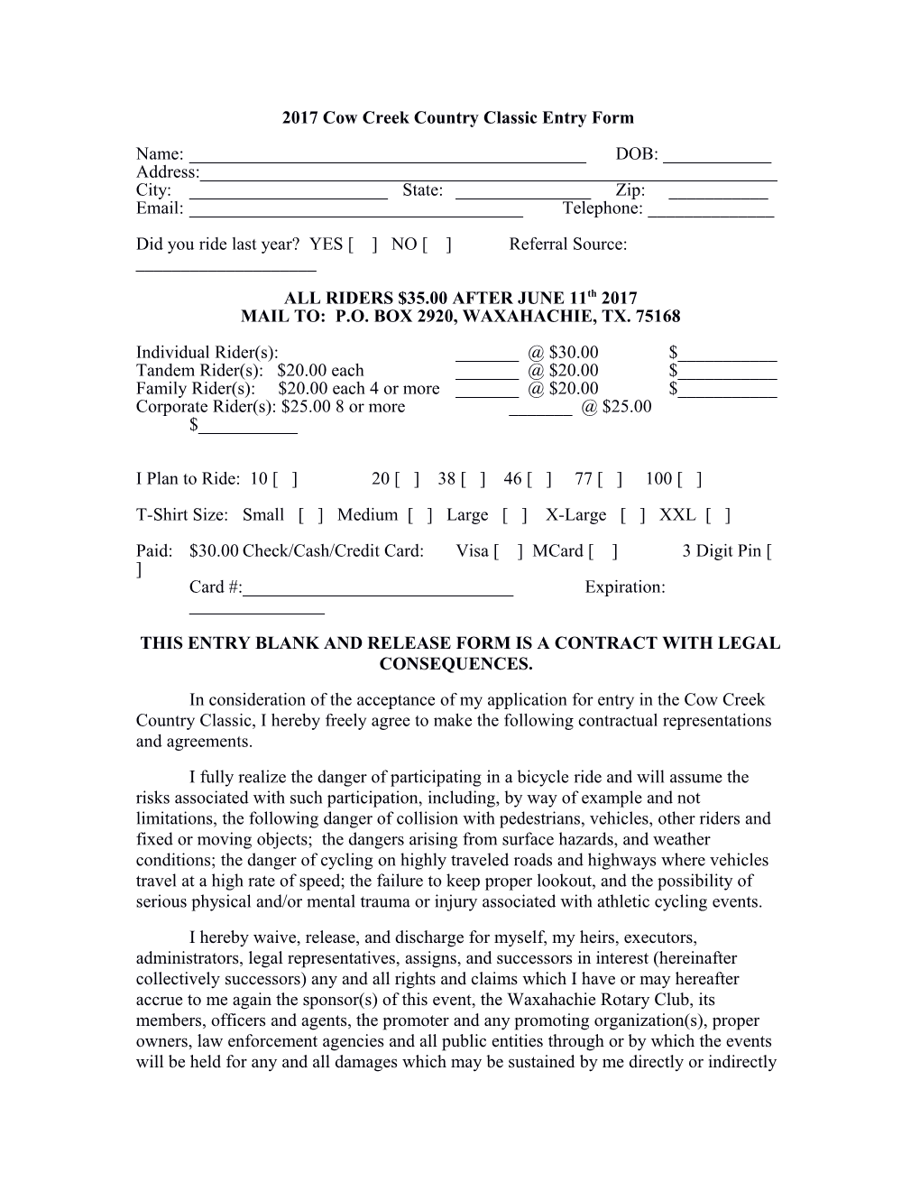 2017 Cow Creek Country Classic Entry Form