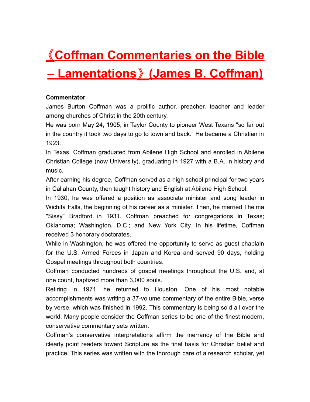 Coffman Commentaries on the Bible Lamentations (James B. Coffman)