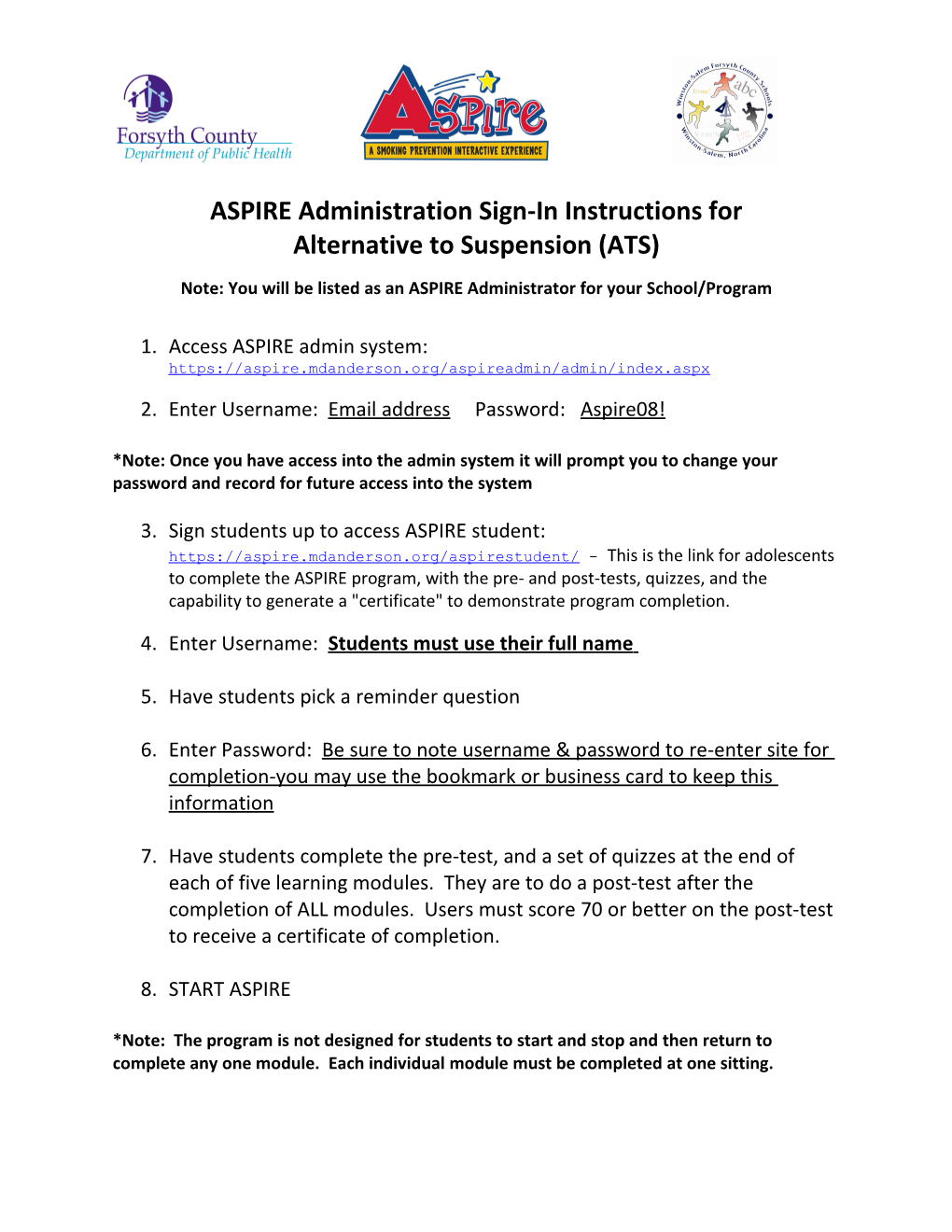 ASPIRE Administration Sign-In Instructions For