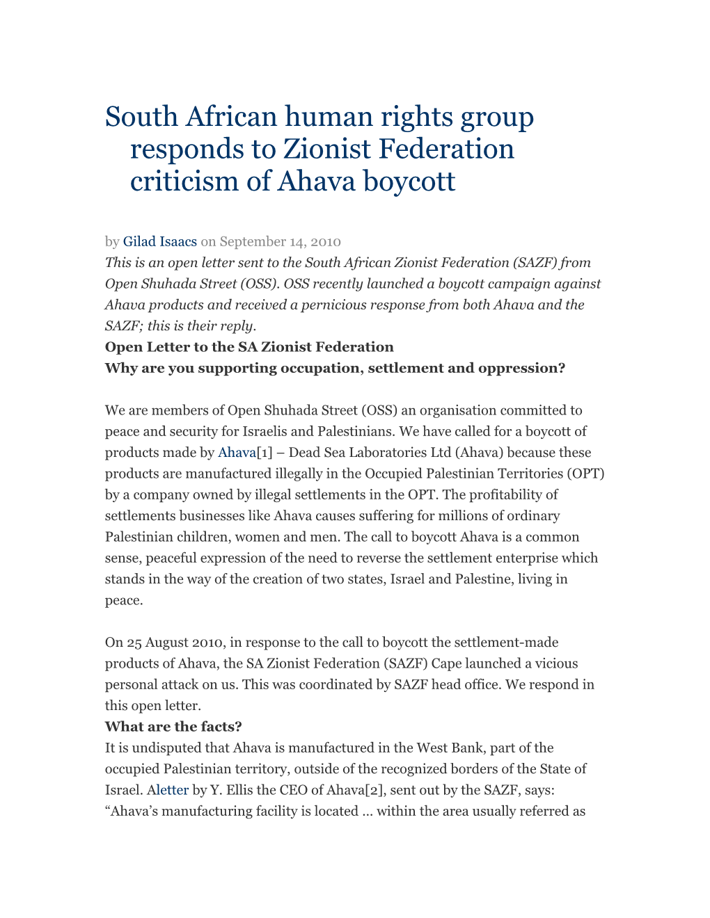 South African Human Rights Group Responds to Zionist Federation Criticism of Ahava Boycott