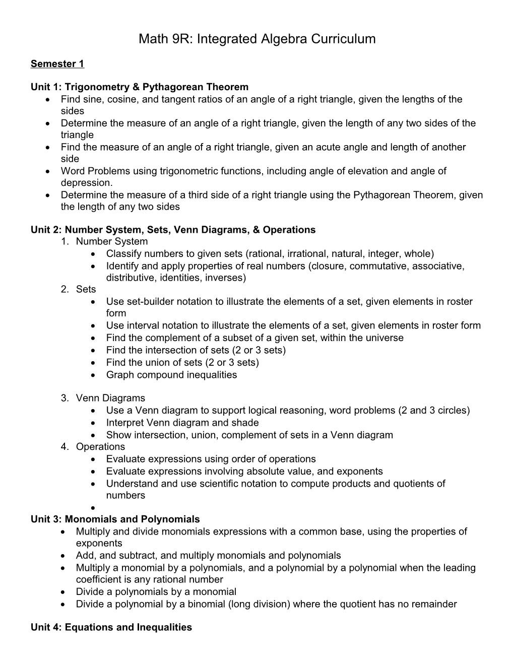 Math 9R: Integrated Algebra Curriculum