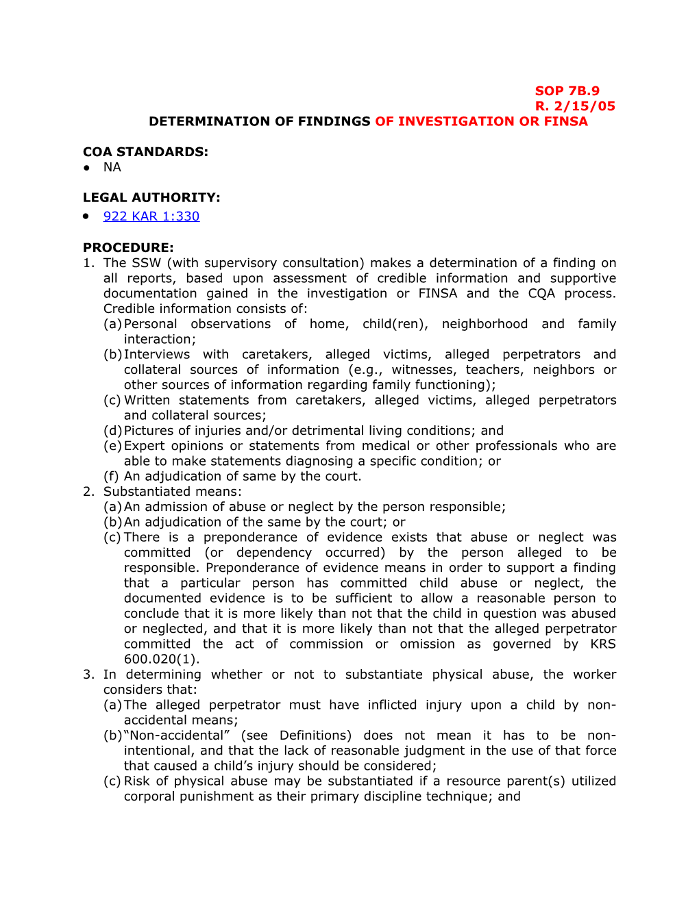 Determination of Findings of Investigation Or Finsa