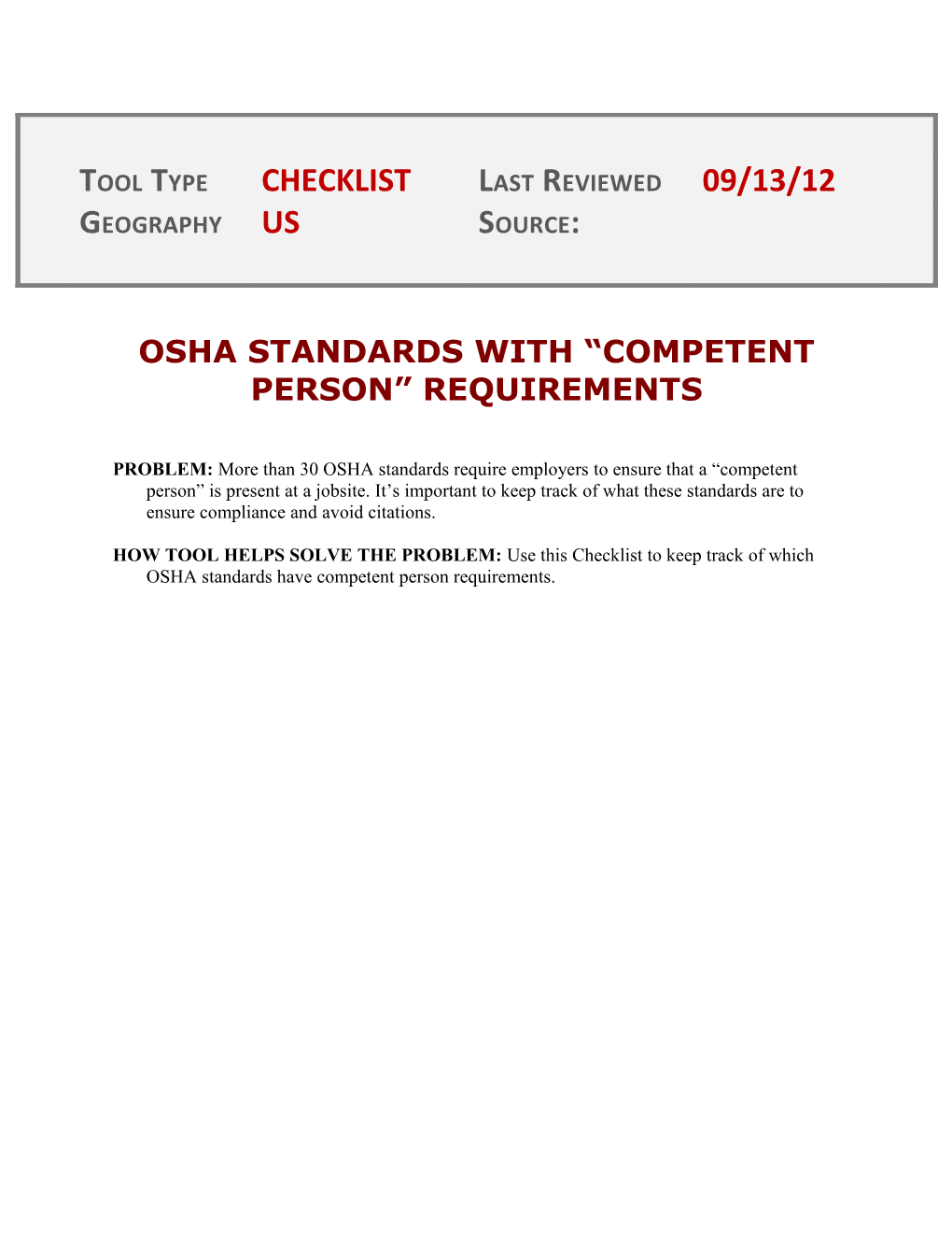 Osha Standards with Competent Person Requirements