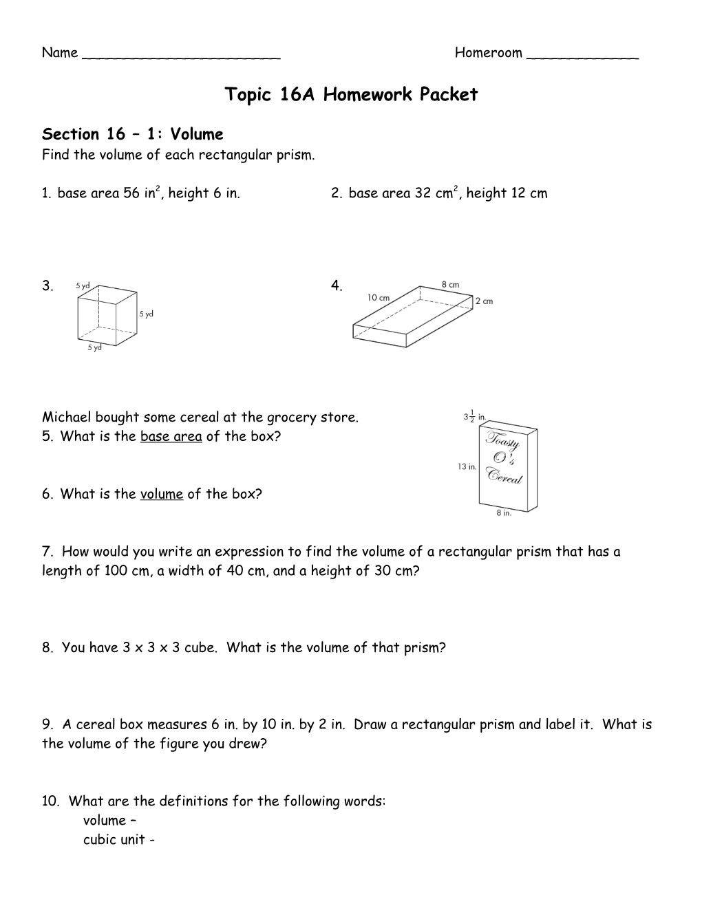 Topic 16A Homework Packet