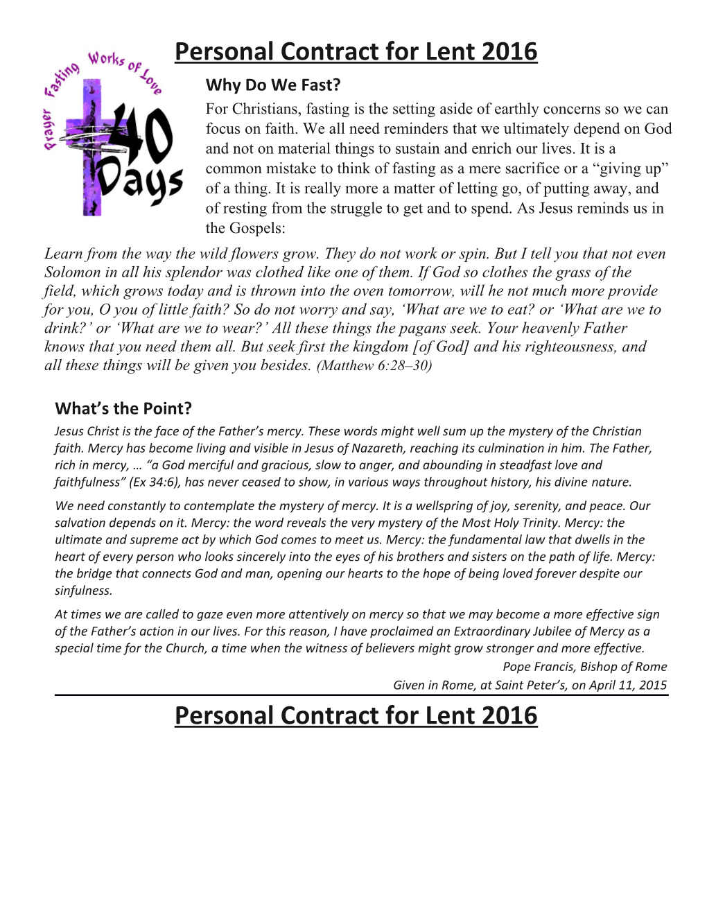 Personal Contract for Lent 2016