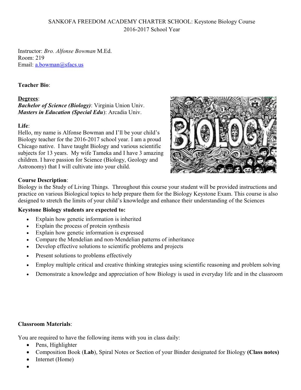 SANKOFA FREEDOM ACADEMY CHARTER SCHOOL: Keystone Biology Course