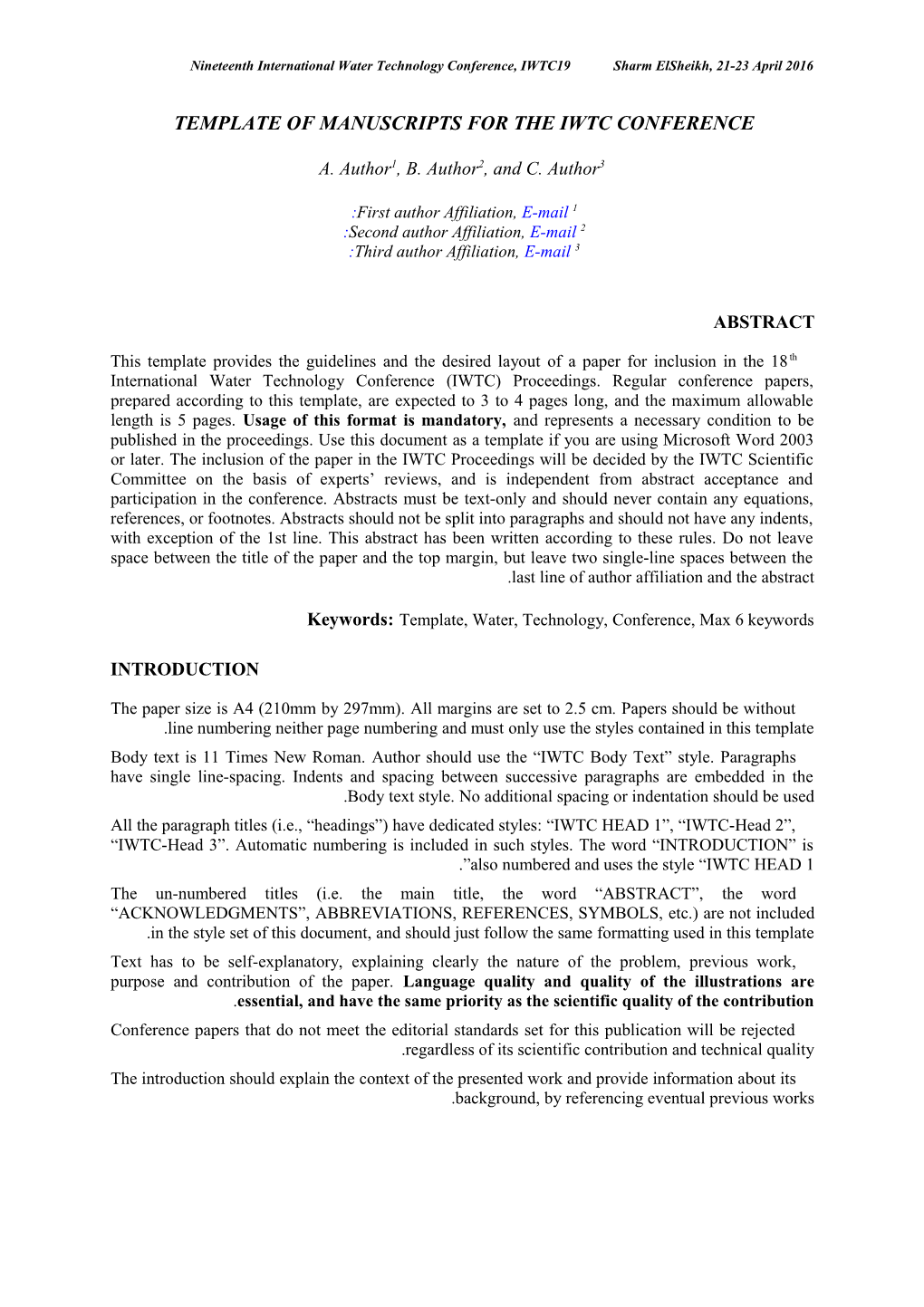 Template of Manuscripts for Iwtc Conference