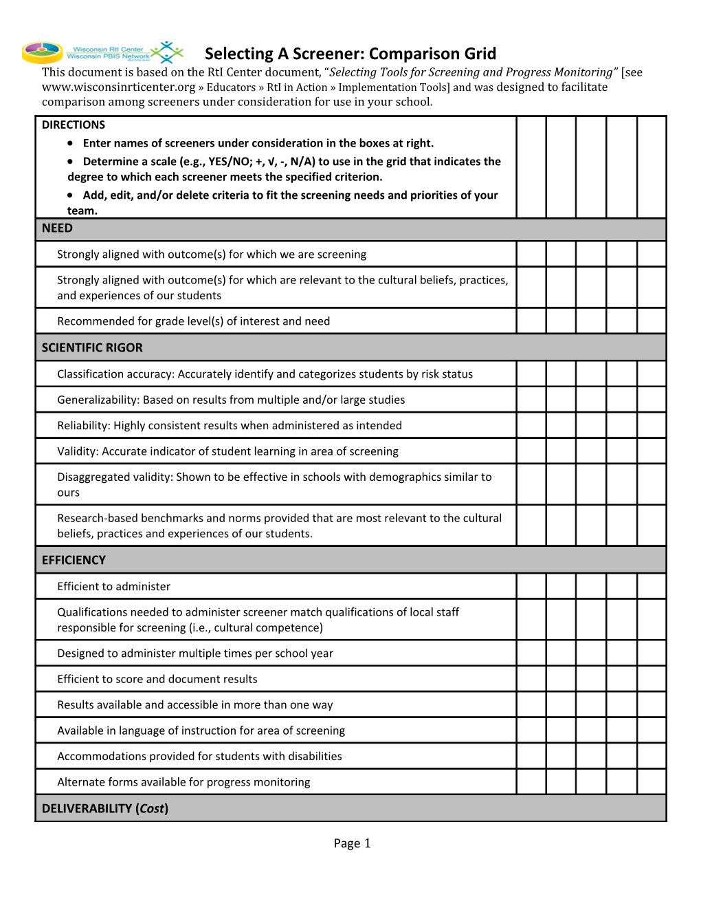 Selecting a Screener: Comparison Grid