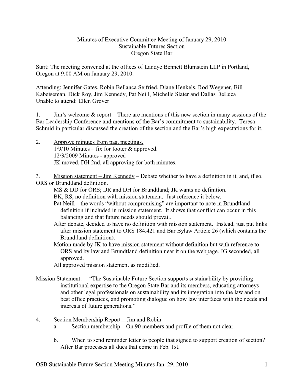 Minutes of Executive Committee Meeting of January 29, 2010