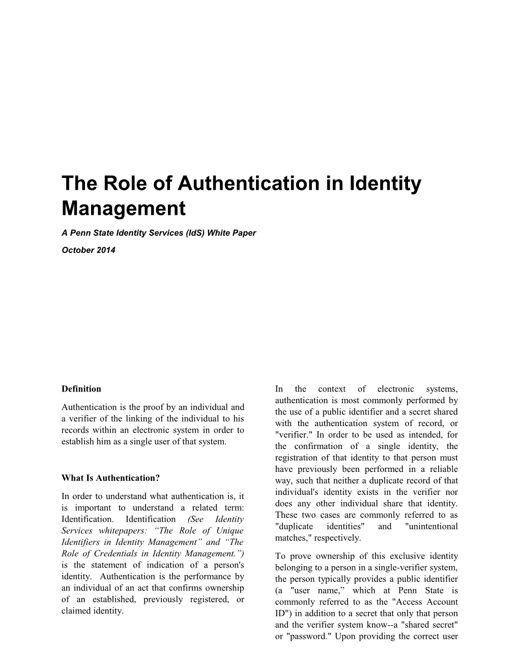 The Role of Authentication in Identity Management