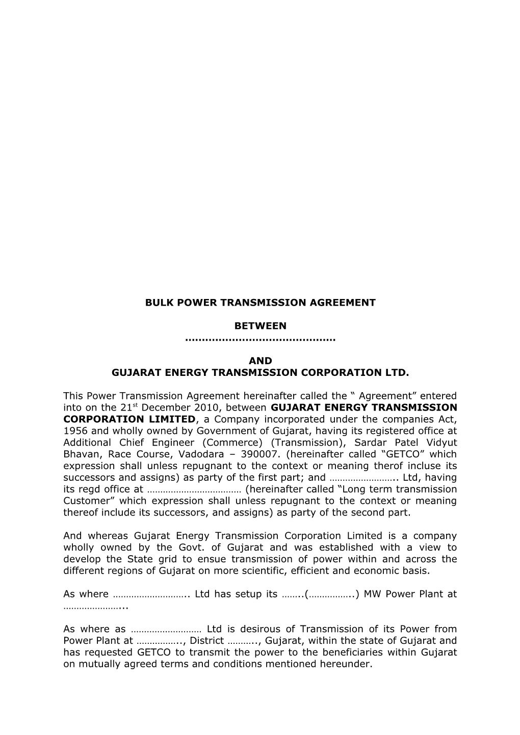 Bulk Power Transmission Agreement