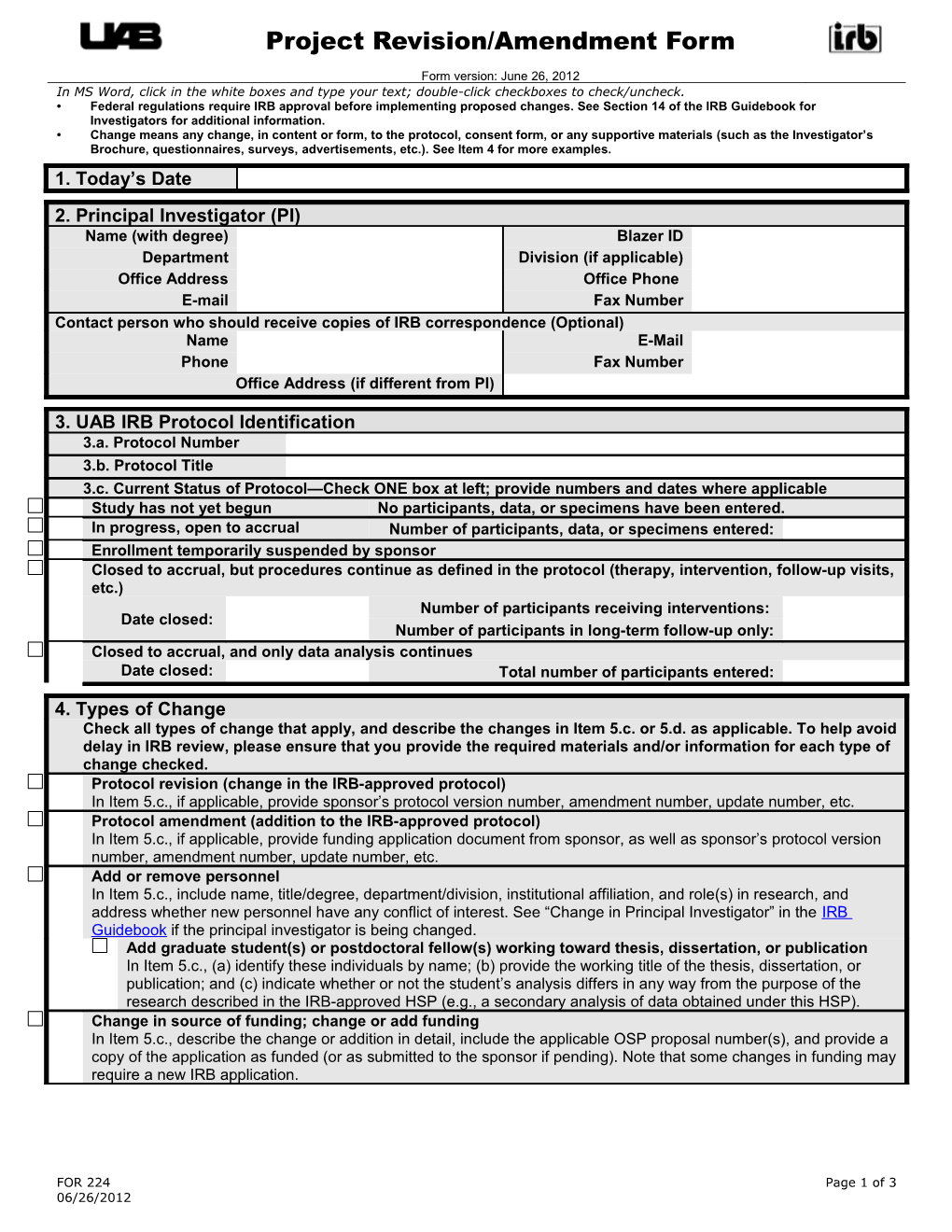 Project Revision/Amendment Form (FOR224)