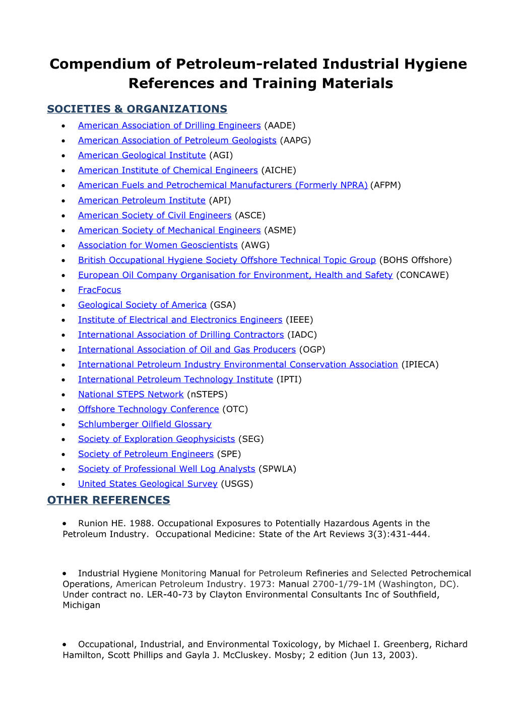 Compendium of Petroleum-Related Industrial Hygiene References and Training Materials