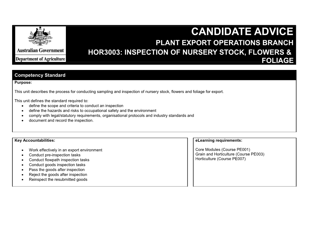 Plant Export Operations Branch HOR3003: Inspection of Nursery Stock, Flowers & Foliage