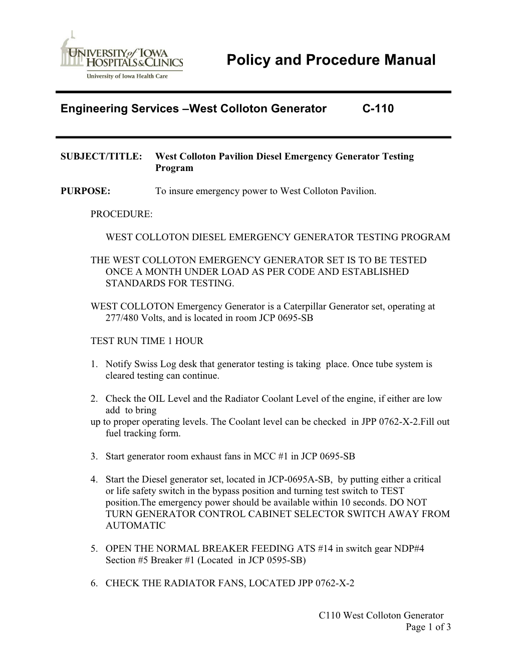 West Colloton Diesel Emergency Generator Testing Program