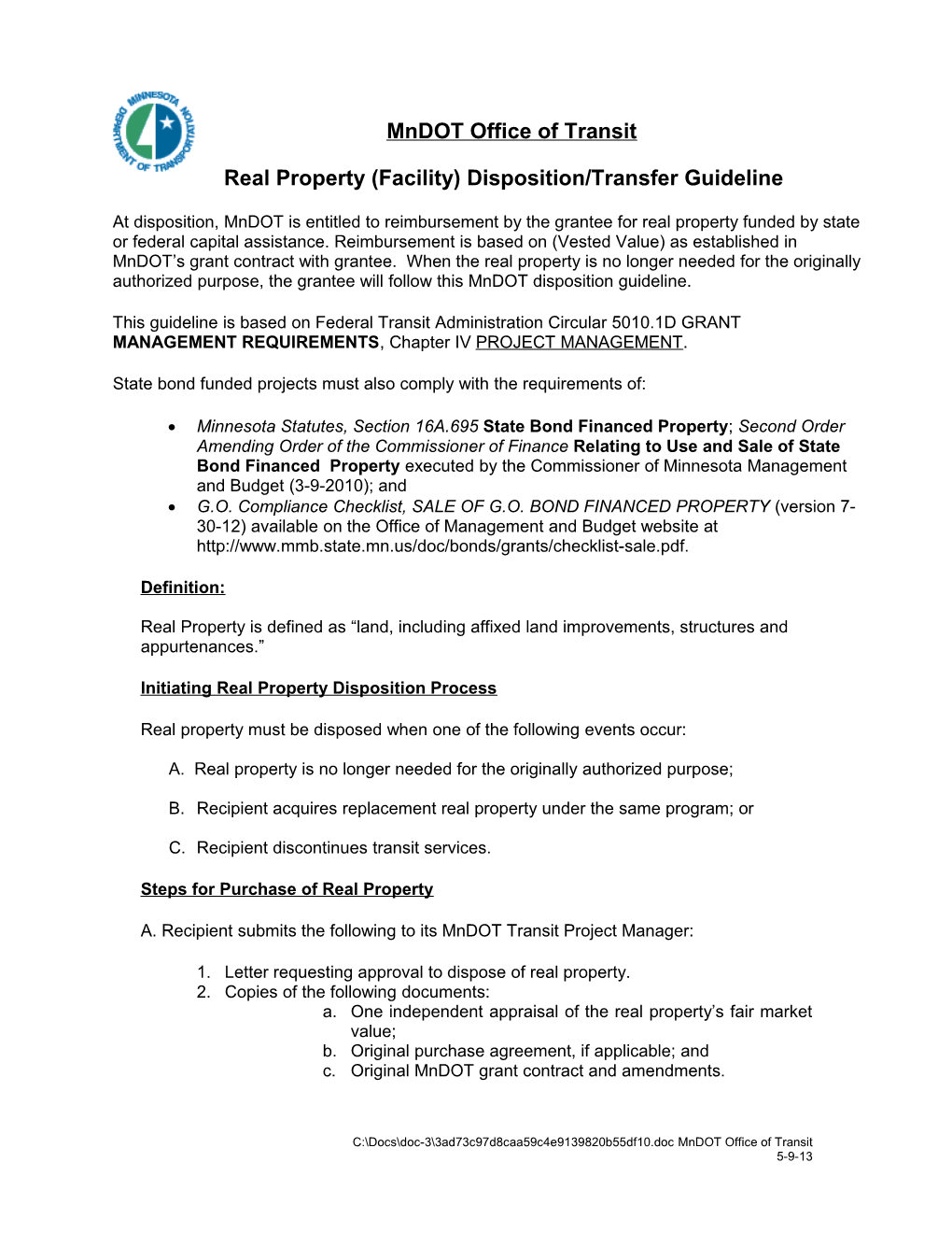 Mn/DOT Retains Vested Interest in Real Property at a Rate Established in the Original Mn/DOT