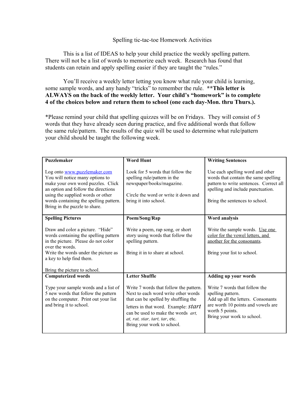 Spelling Tic-Tac-Toe Homework Activities