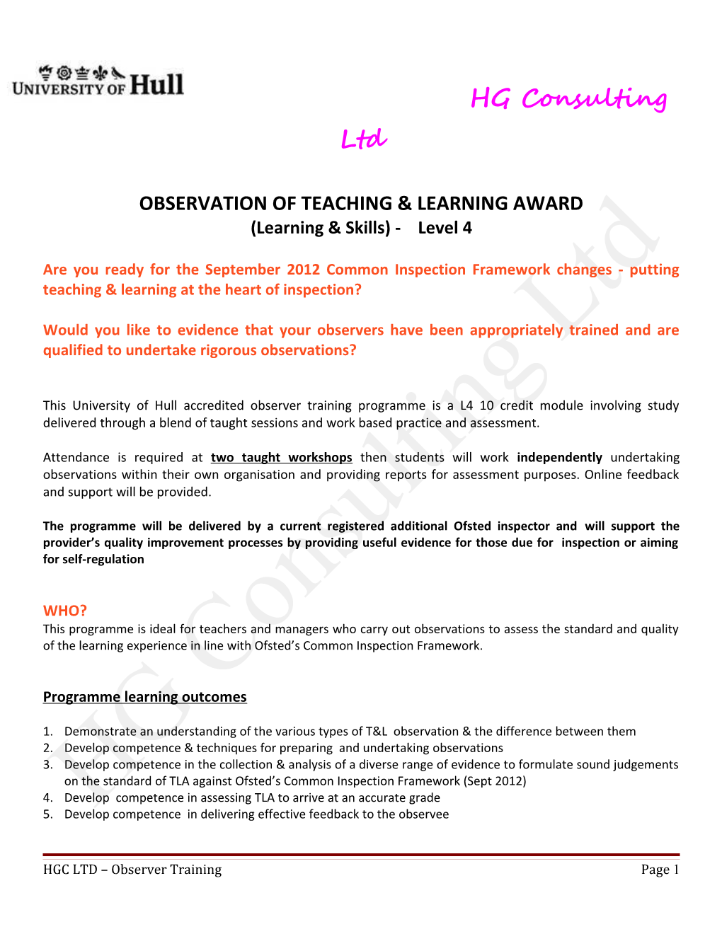 OBSERVATION of TEACHING & LEARNING AWARD - (Learning & Skills)