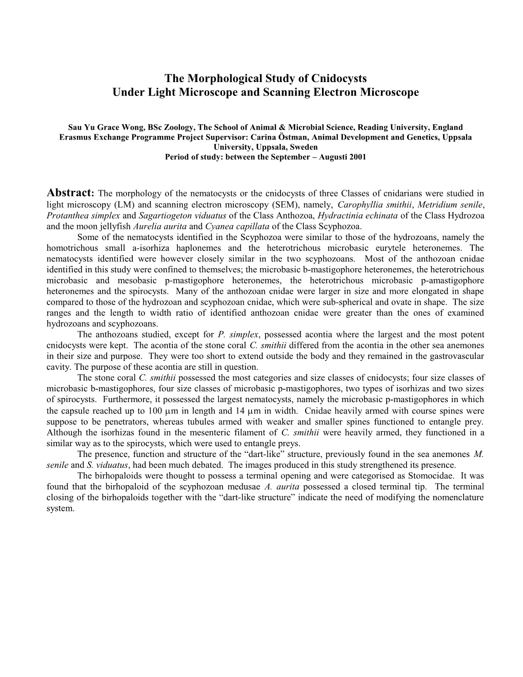 The Morphological Study of Cnidocysts