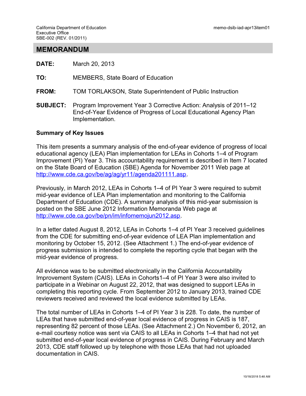 April 2013 IAD ITEM 1 - Information Memorandum (CA State Board of Education)