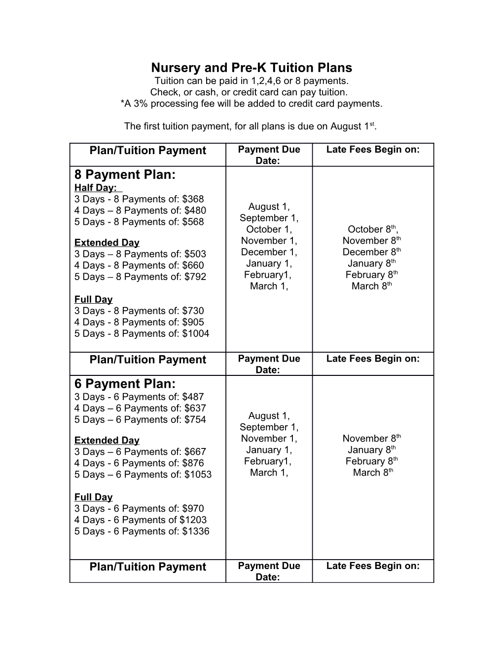 Nursery and Pre-K Tuition Plans