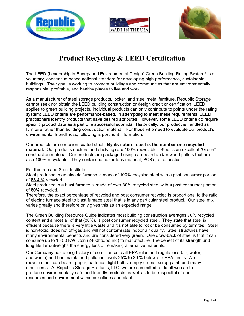 Product Recycling & LEED Certification