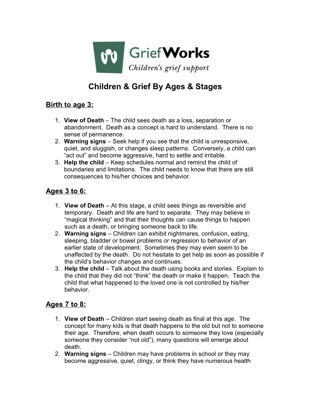 Children & Grief by Ages & Stages