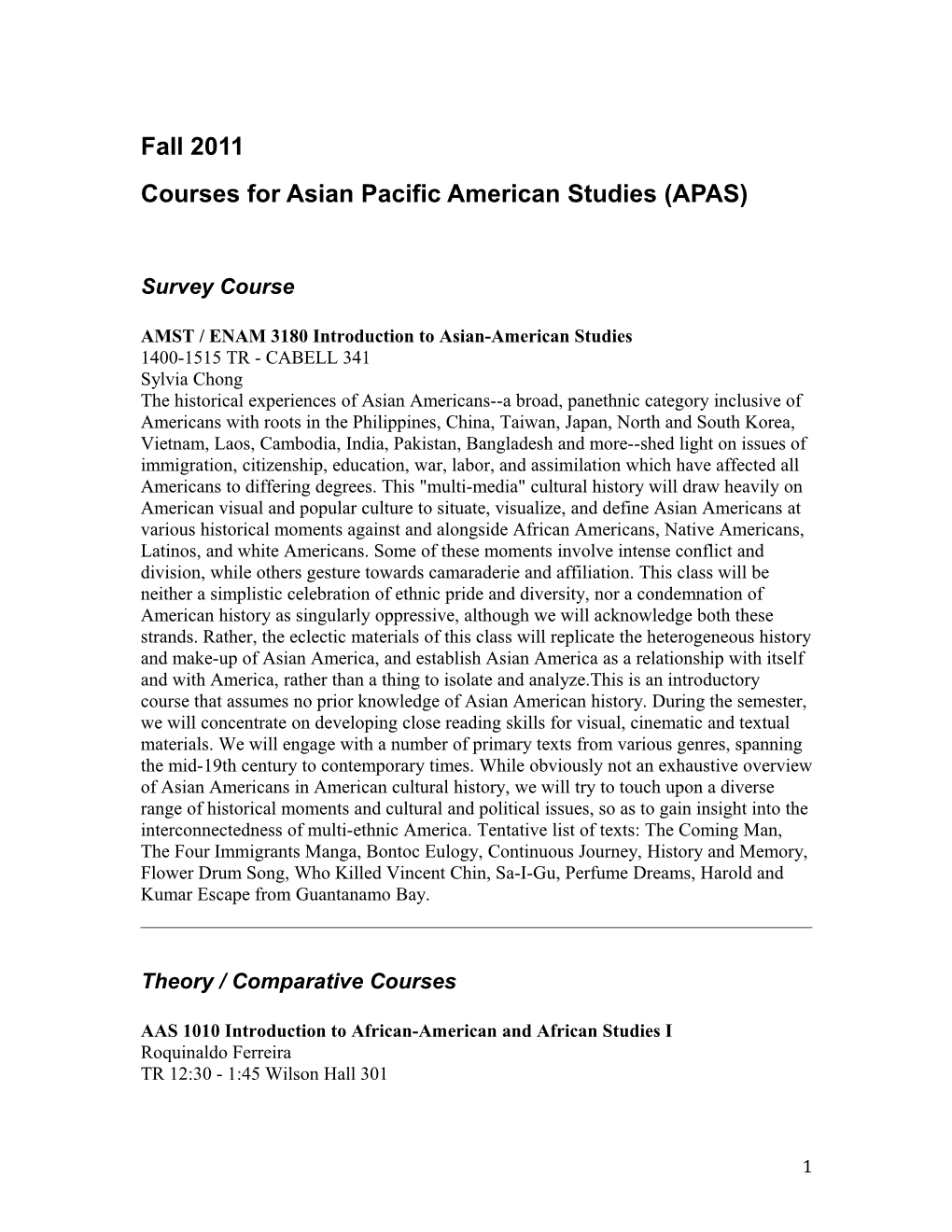 Courses for Asian Pacific American Studies (APAS)