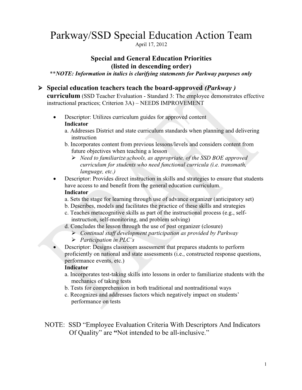 Special and General Education Priorities