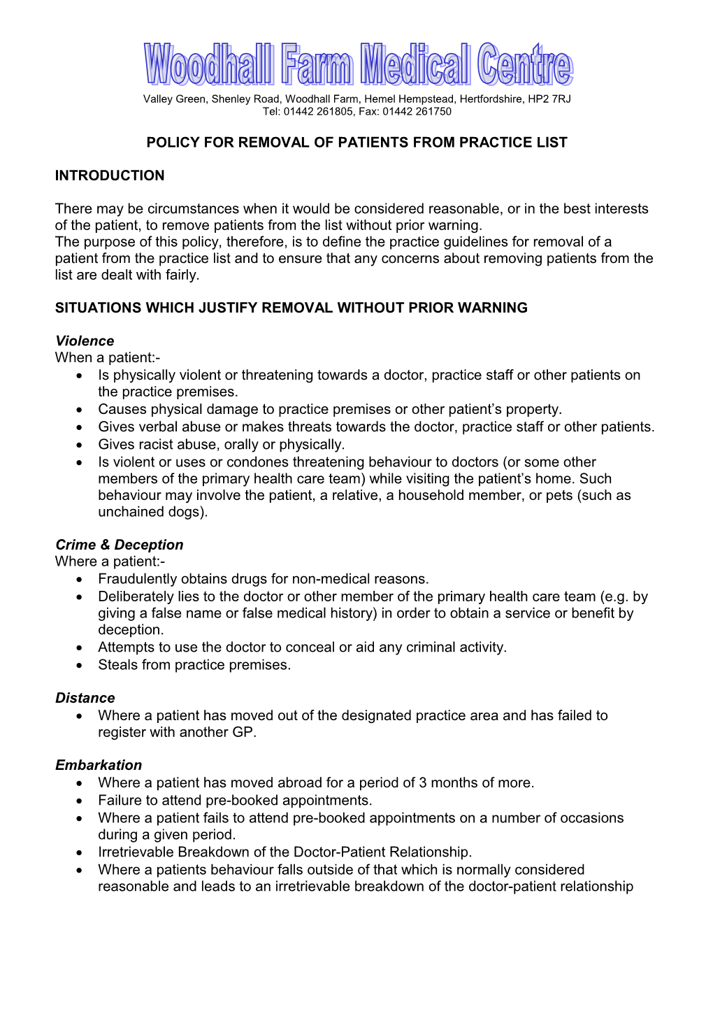 Policy for Removal of Patients from Practice List