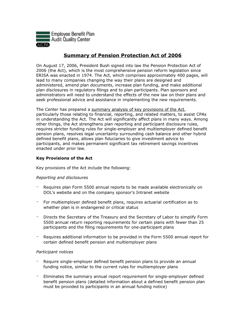 Summary of Pension Protection Act of 2006