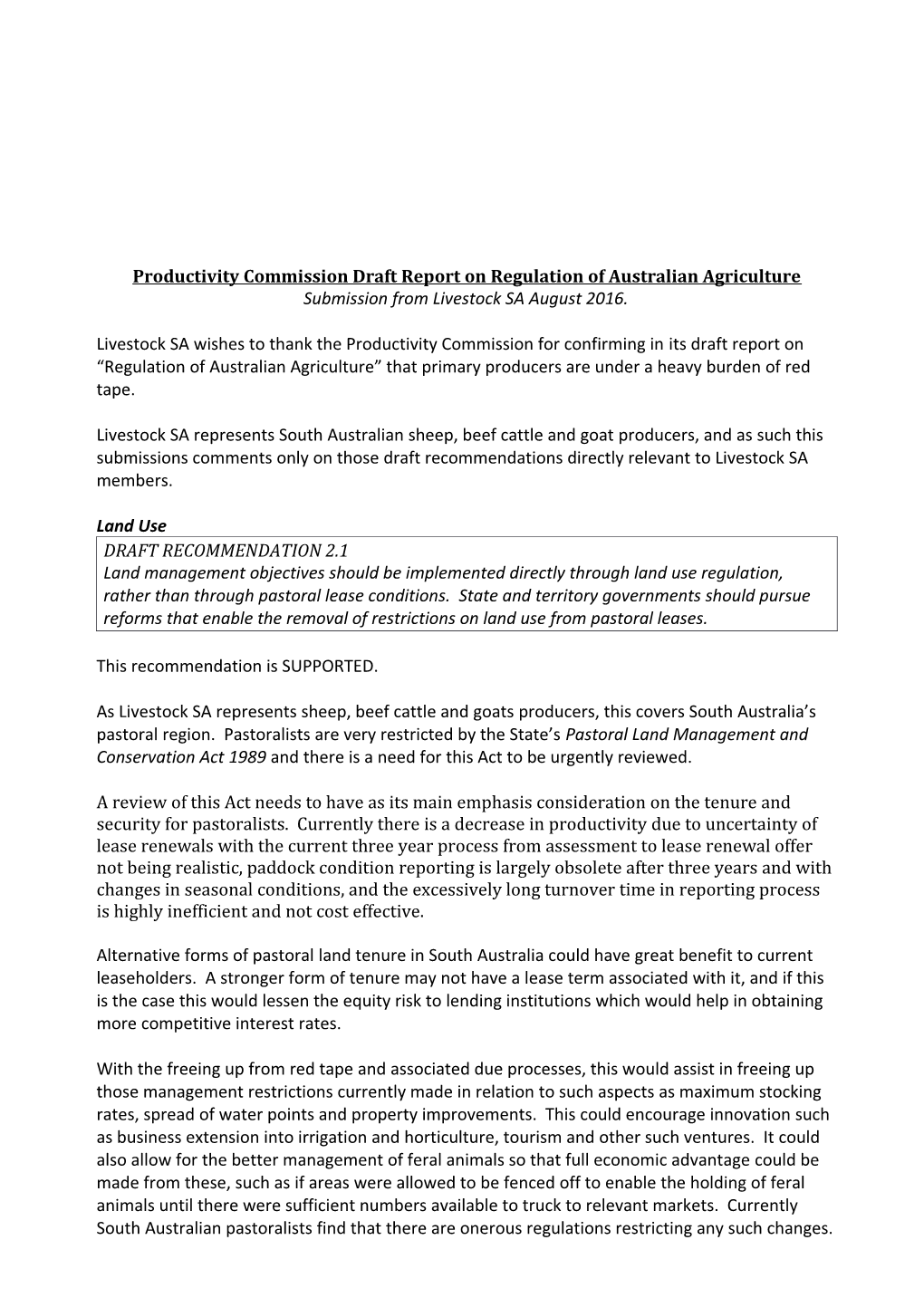 Submission DR303 - Livestock SA - Regulation of Agriculture - Public Inquiry