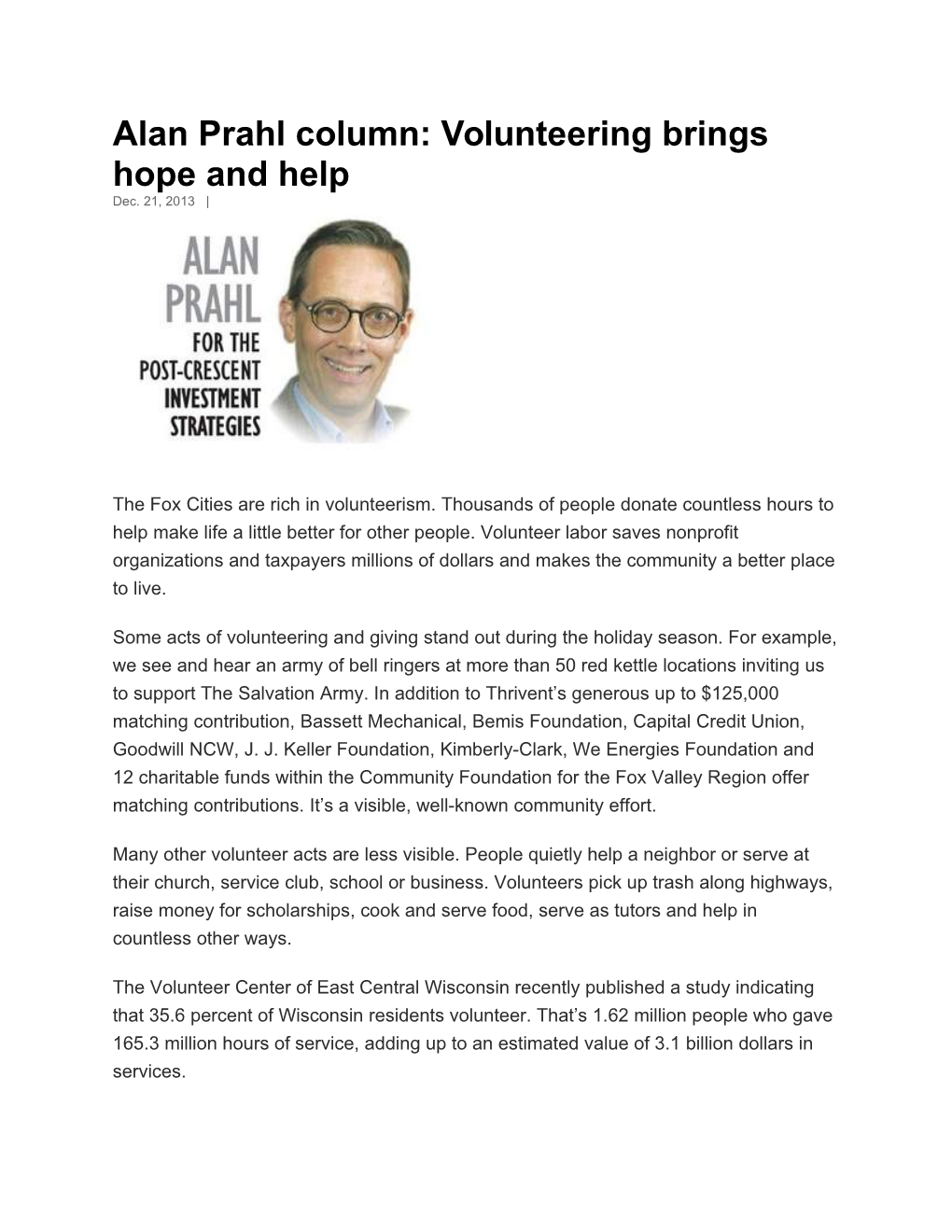 Alan Prahl Column: Volunteering Brings Hope and Help