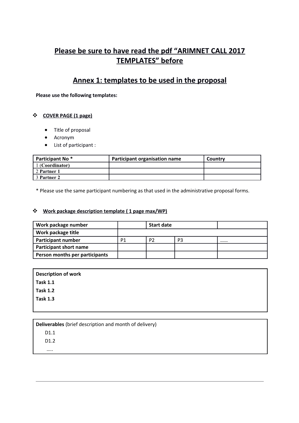 Please Be Sure to Have Read the Pdf ARIMNET CALL 2017 TEMPLATES Before