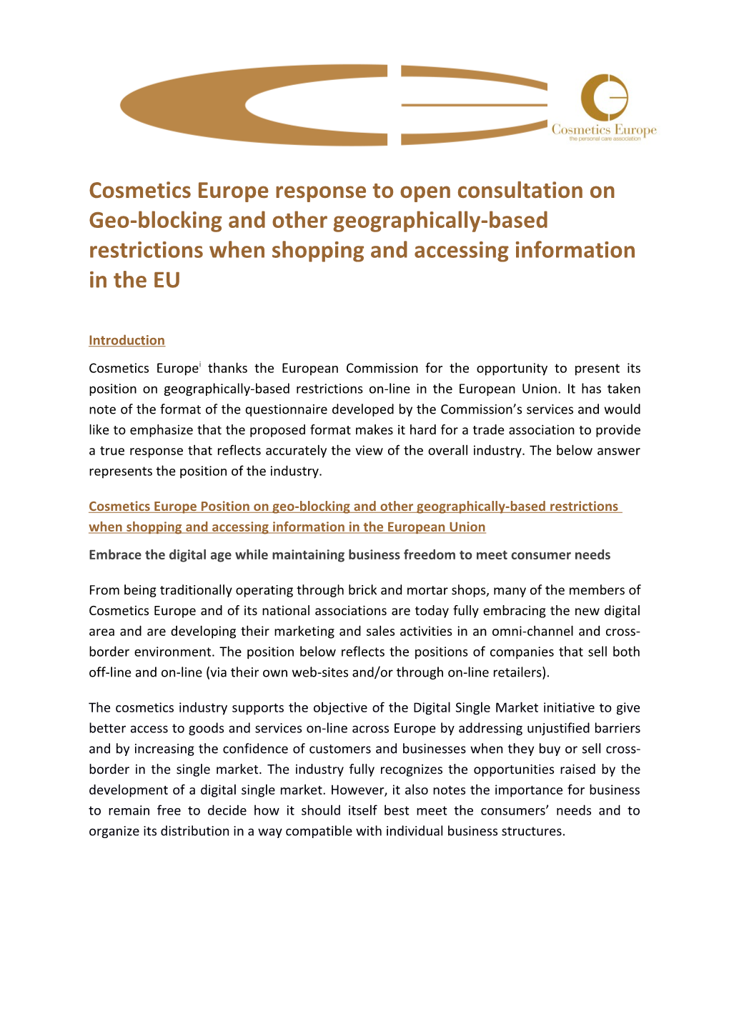 Cosmetics Europe Response to Open Consultation on Geo-Blocking and Other Geographically-Based