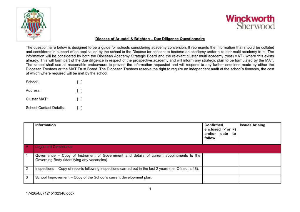 Due Diligence Questionnaire (Diocesan School Joining MAT)