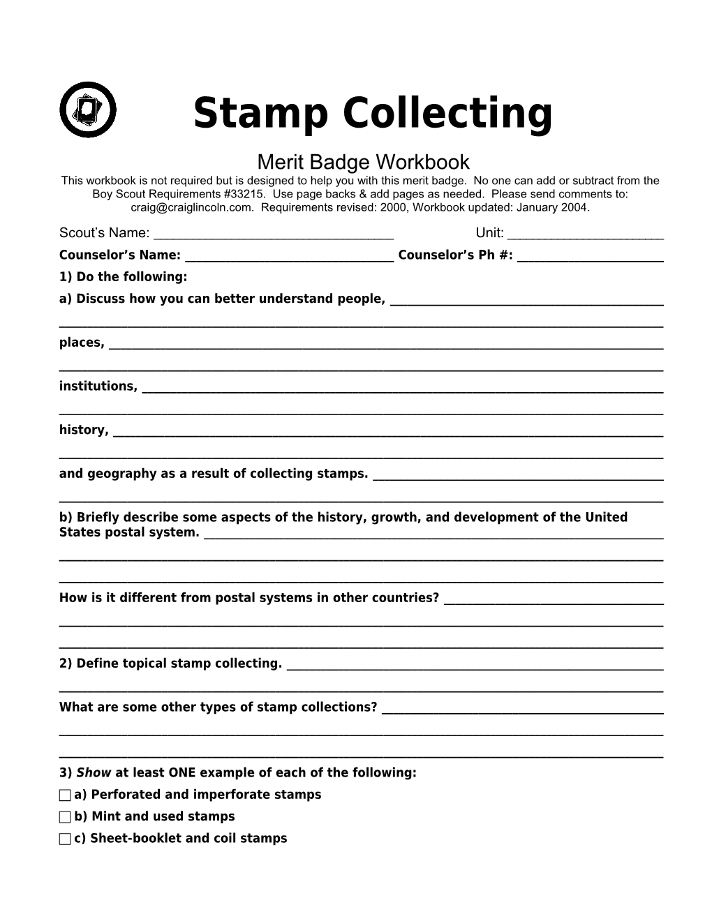 Stamp Collecting P. 1 Merit Badge Workbookscout's Name: ______