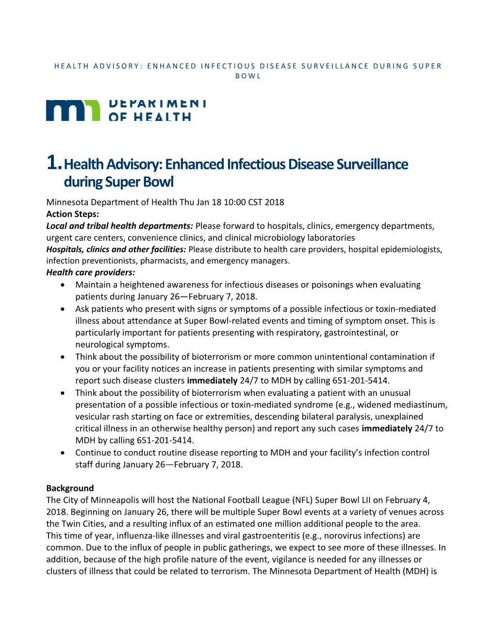 Health Advisory: Enhanced Infectious Disease Surveillance During Super Bowl