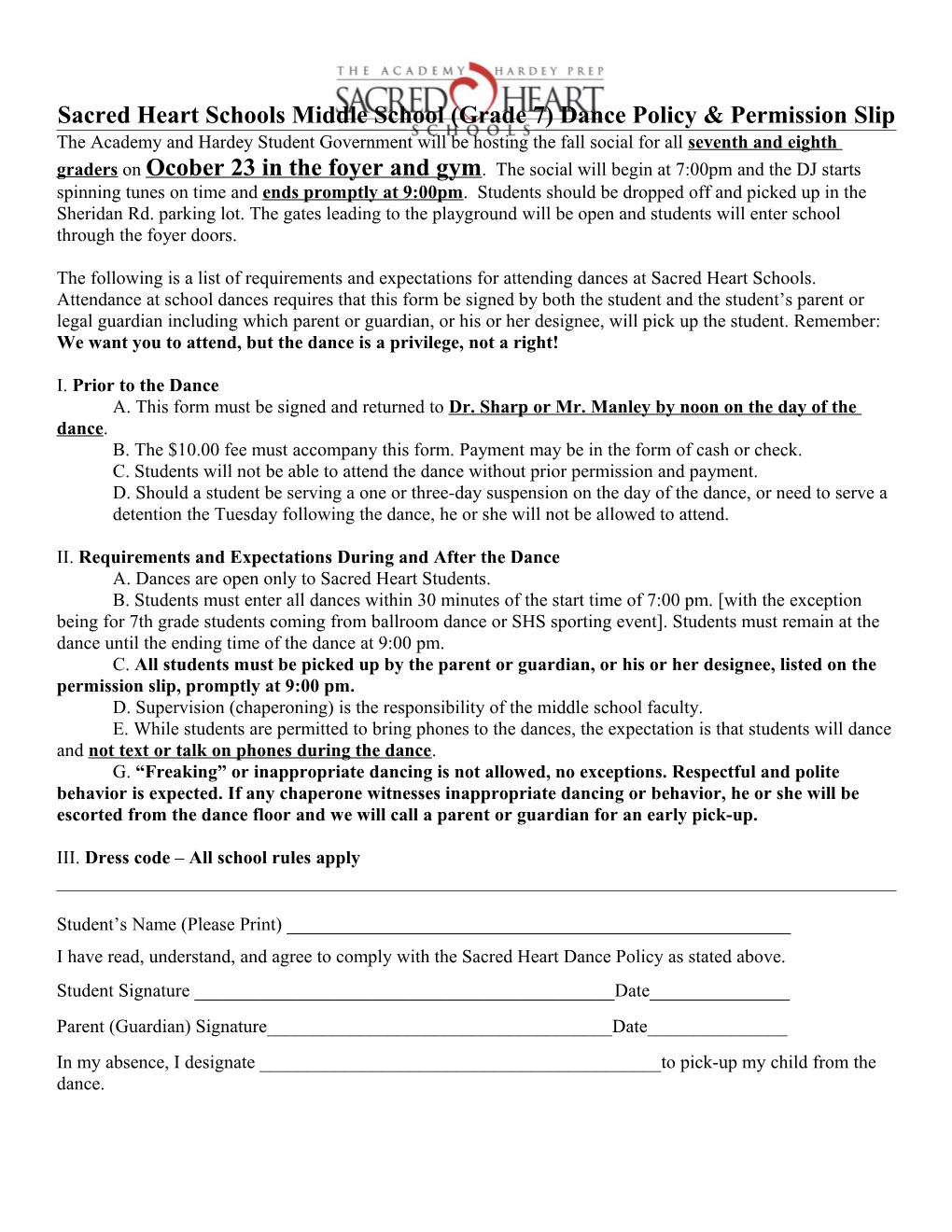 Sacred Heart Schools Middle School (Grade 7) Dance Policy Permission Slip