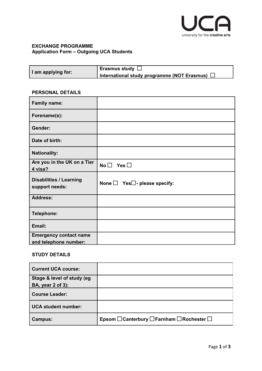 Application Form Outgoing UCA Students