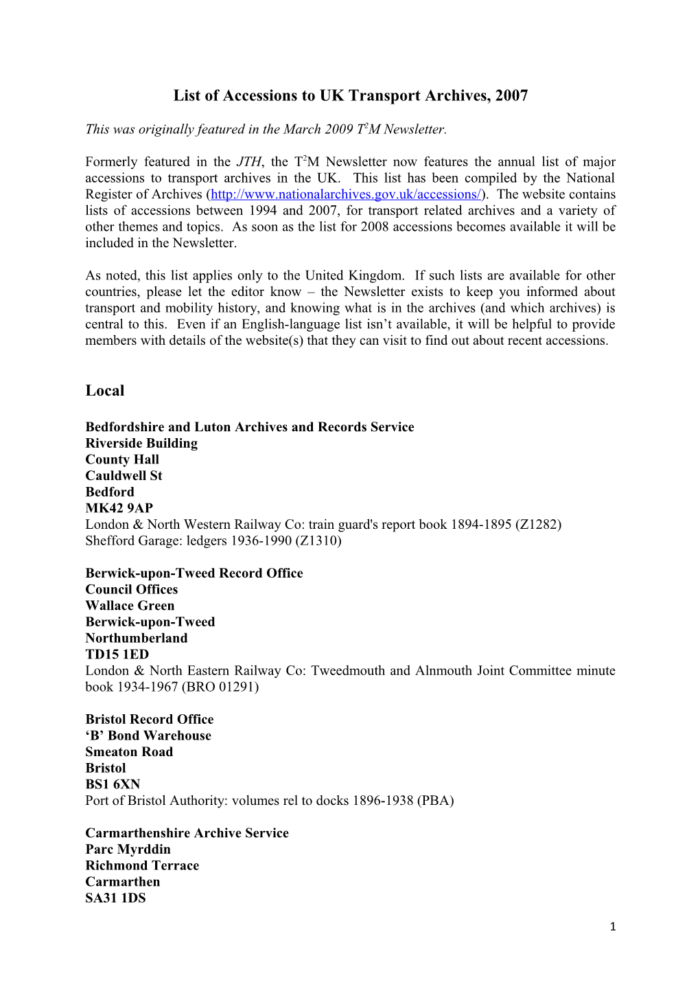List of Accessions to UK Transport Archives, 2007