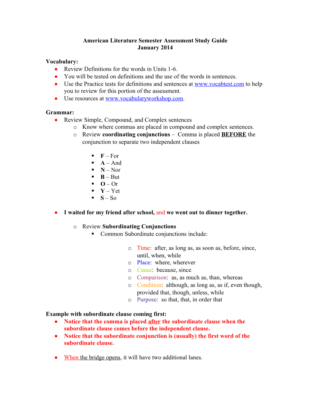 American Literature Semester Assessment Study Guide